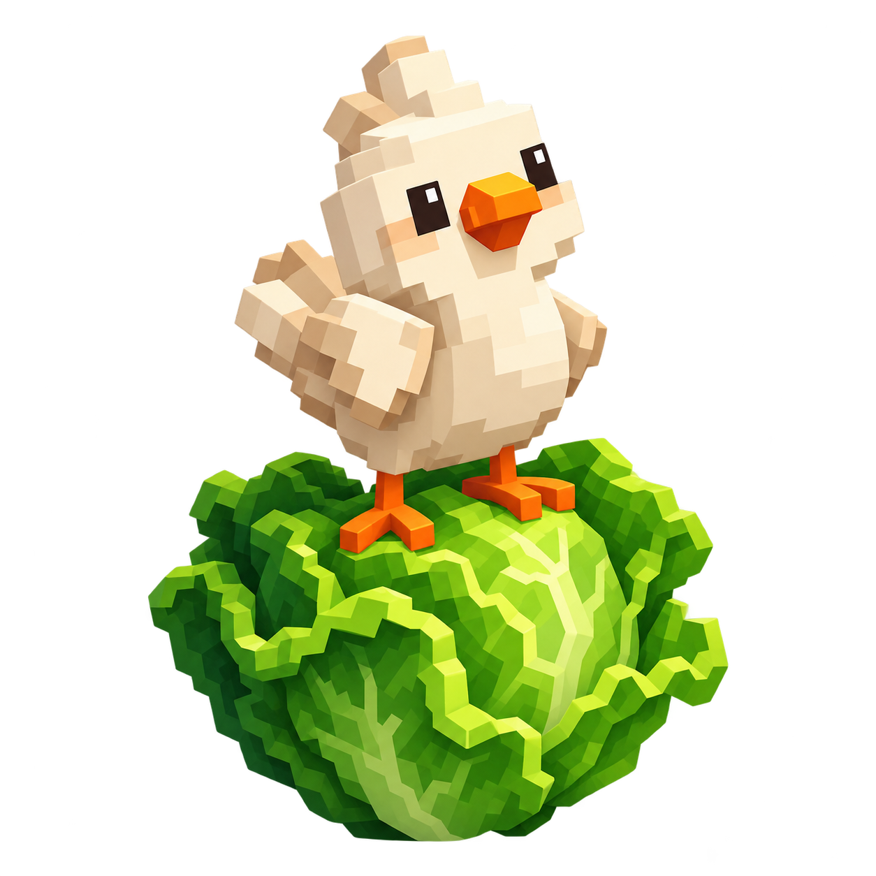 Our blocky bird perched on bright green lettuce