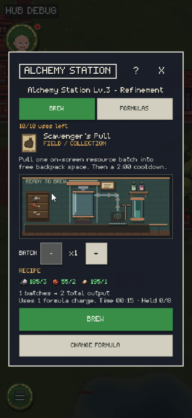 Alchemy Station showing a formula, ingredients, and the Brew button