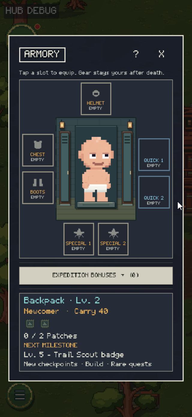 Armory screen showing equipment slots, backpack, and progression