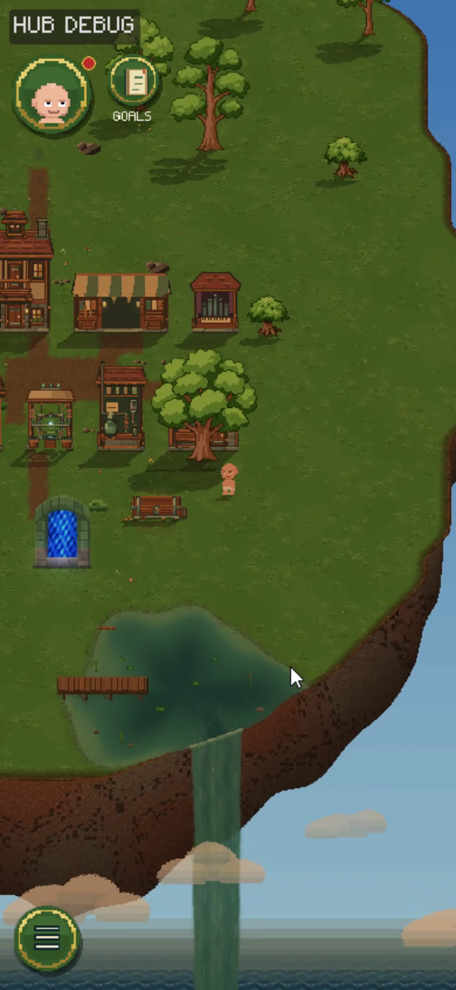 Hub buildings beside a pond and waterfall