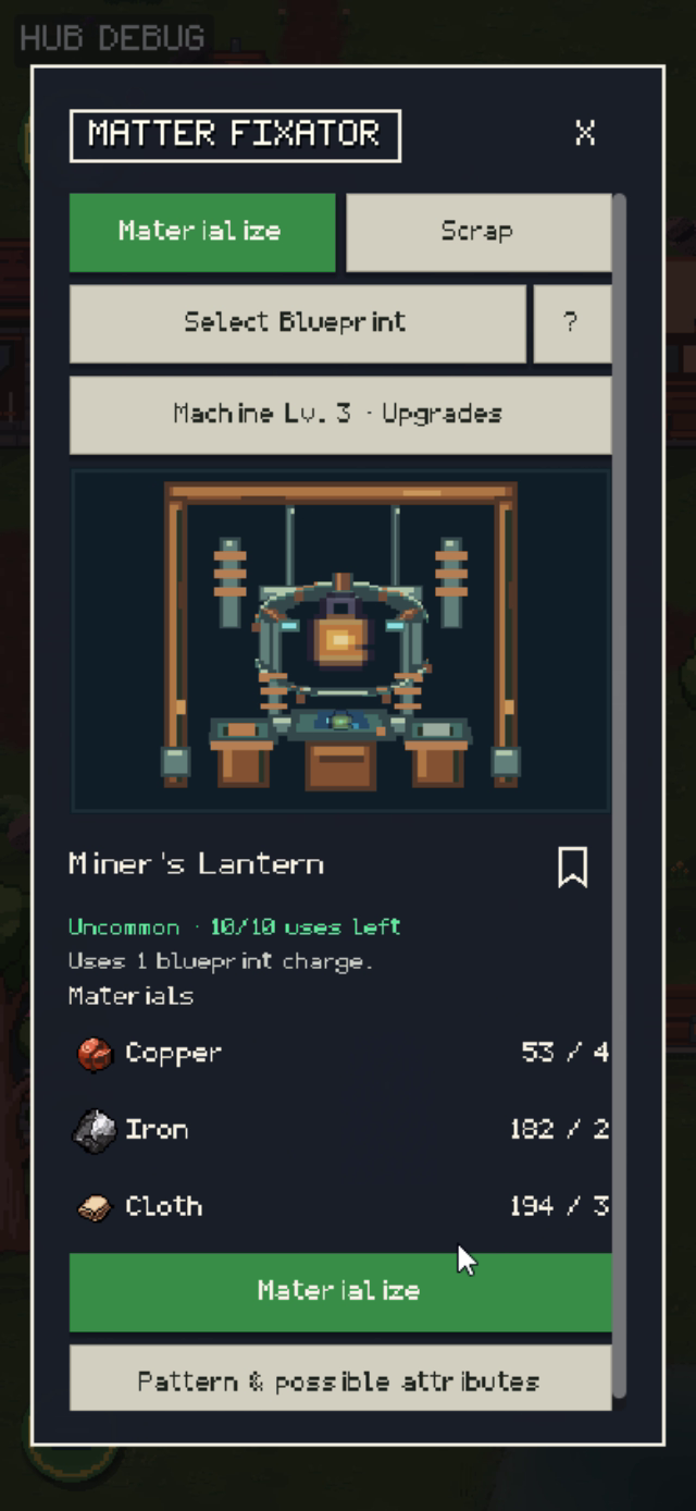 Matter Fixator showing the Miner's Lantern blueprint and crafting materials