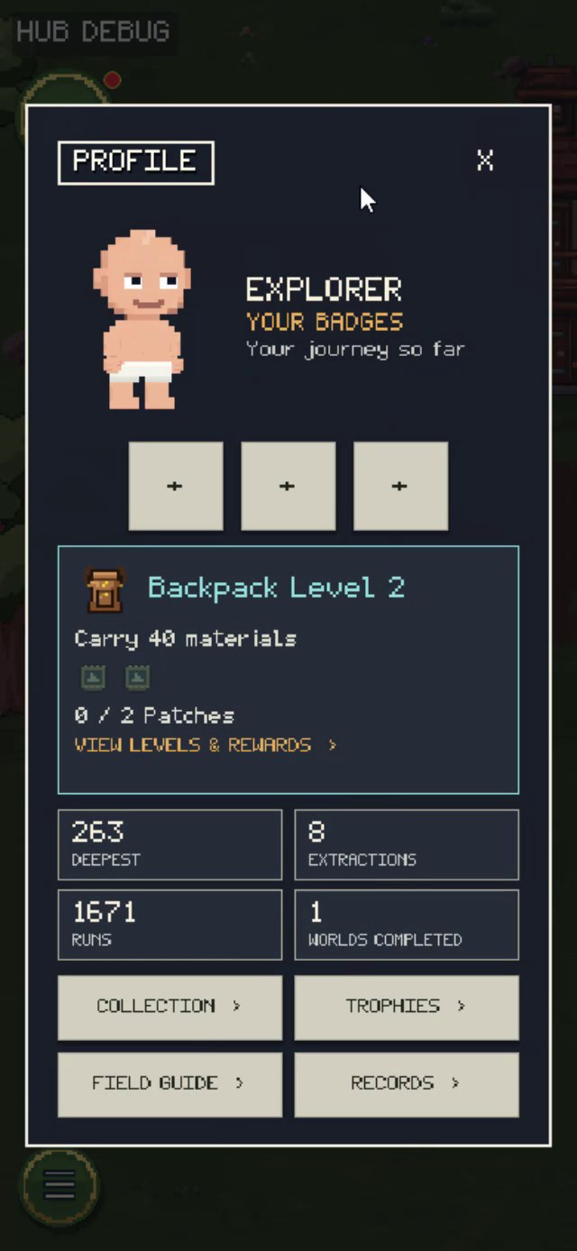 Player profile with badges, backpack level, run statistics, and collection links