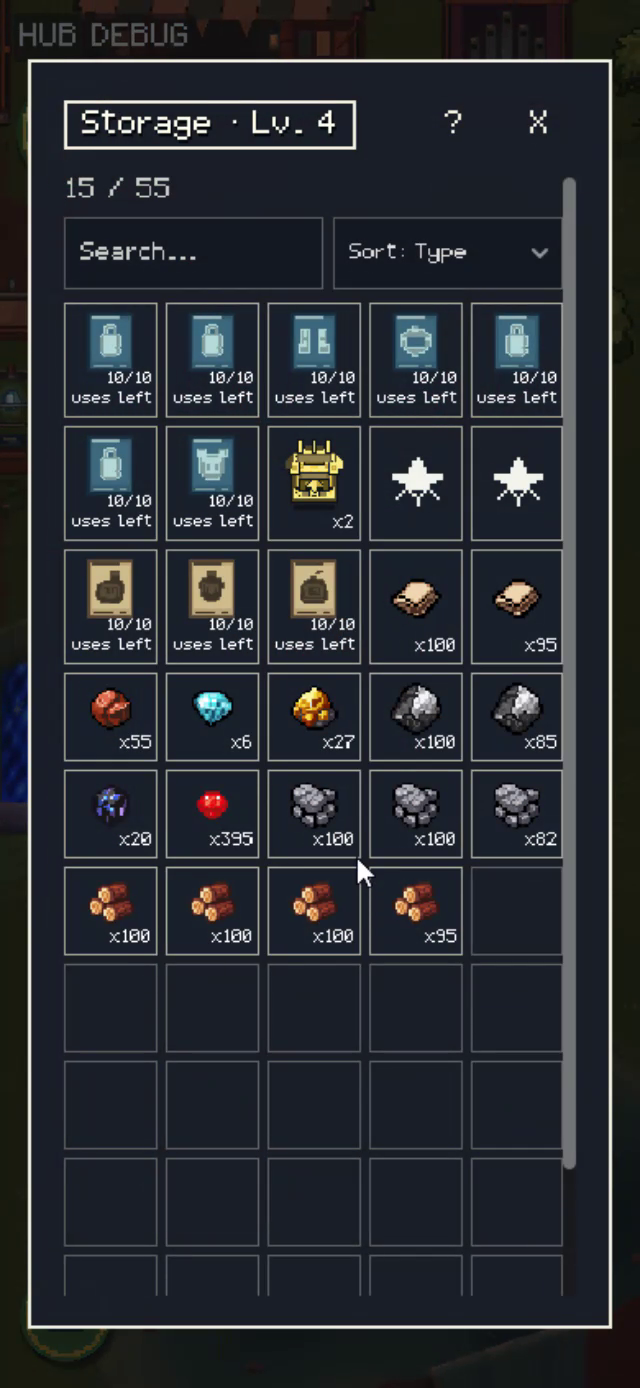 Storage level four with materials and items in inventory slots